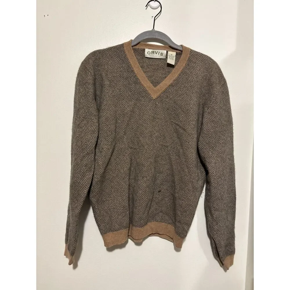 Orvis 100% Cashmere‎ V Neck Sweater Herringbone Brown Tan Medium Preppy Luxury